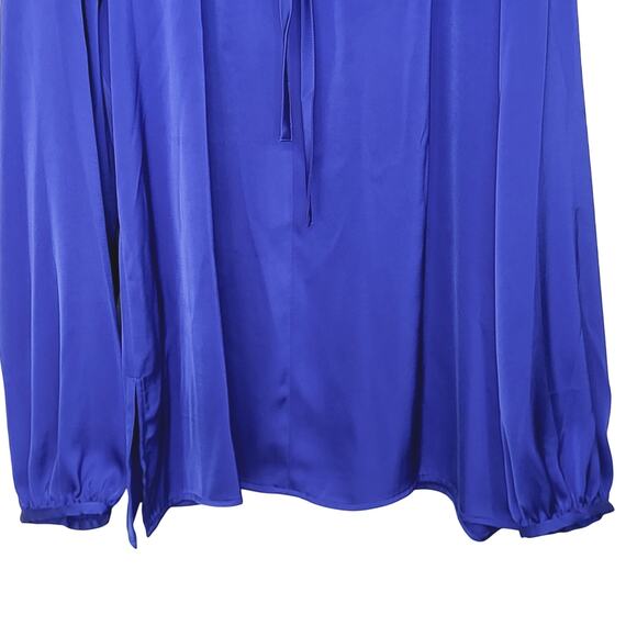 NEW Ming Wang Top Ruffled Tie Keyhole Neck Crepe De Chine Blouse Deep Sky Sz S - Picture 6 of 15